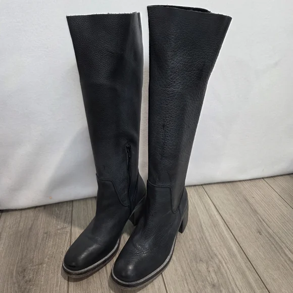 FREE PEOPLE Essential Boots 36 / 6 Washed Out Black Leather Tall Block Heel Boho - Picture 9 of 16